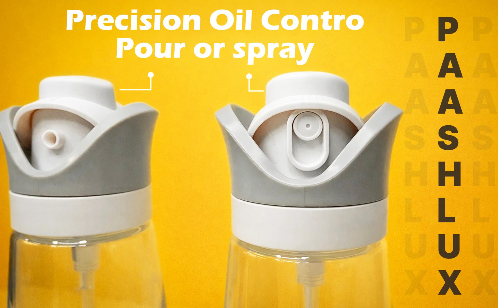 Close-up of two grey spray tops on a yellow background with the PAASHLUX name in vertical letters