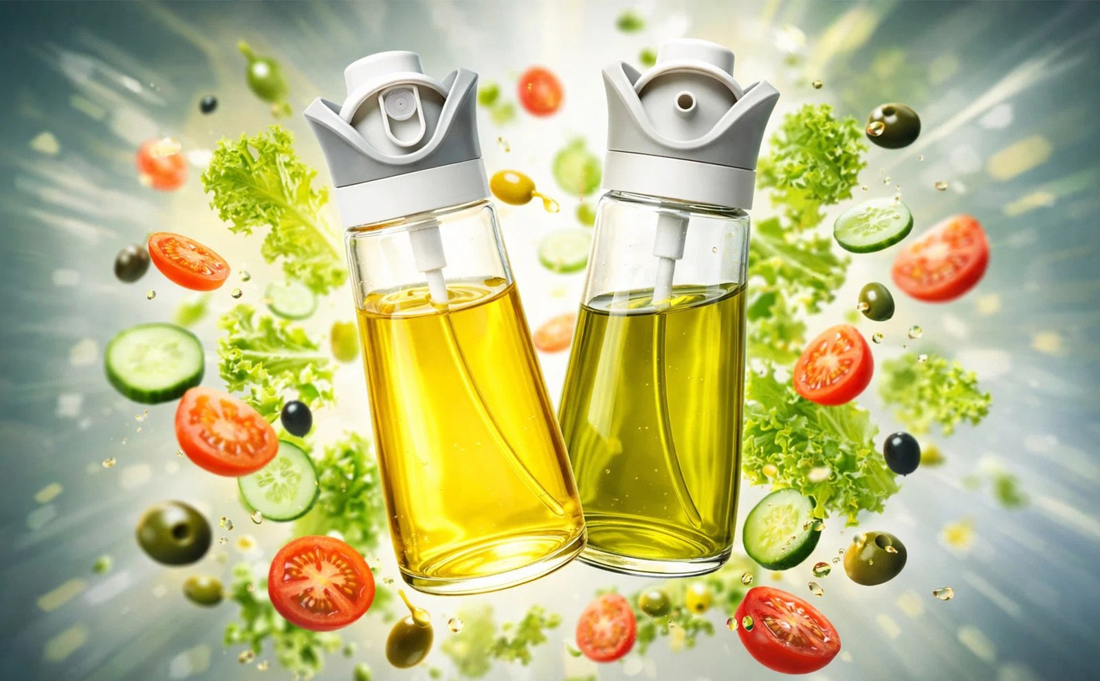 Two oil bottles surrounded by flying tomatoes, cucumber slices, olives and lettuce