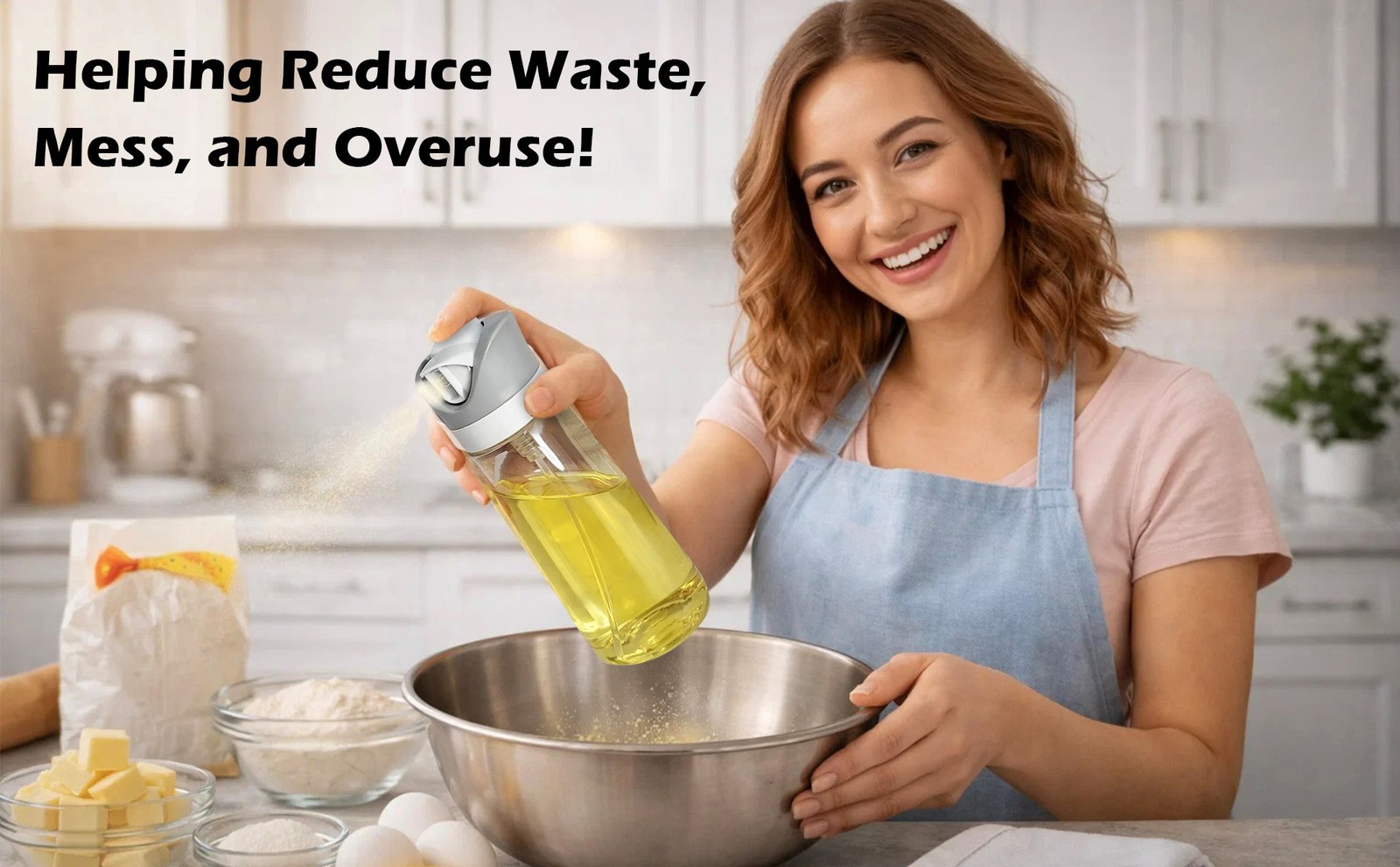 Smiling woman in a blue apron spraying oil from the bottle over a mixing bowl