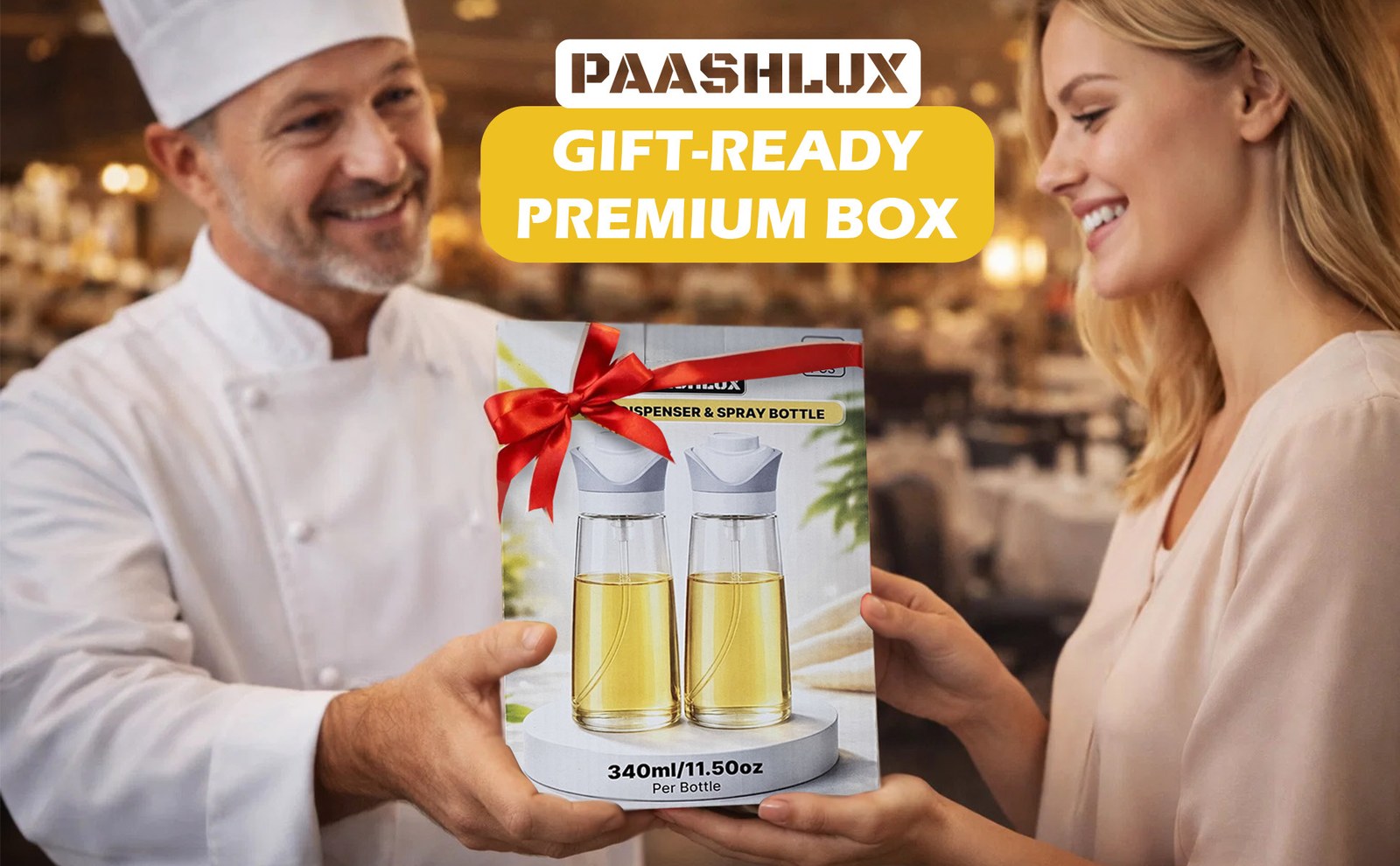 Chef in a white jacket handing a woman the PAASHLUX gift box with a red ribbon