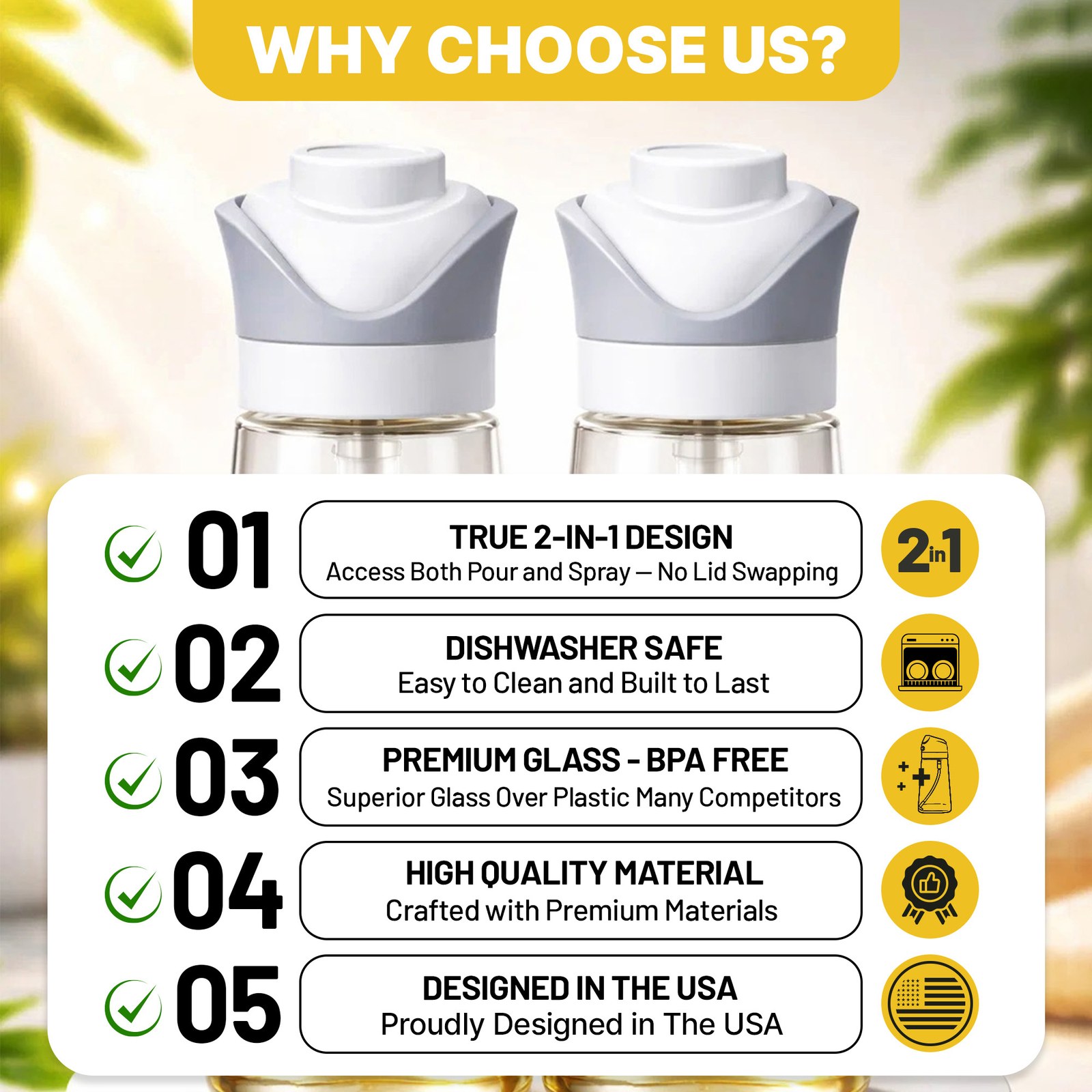 Why Choose Us list with five points about the 2-in-1 oil dispenser and sprayer set