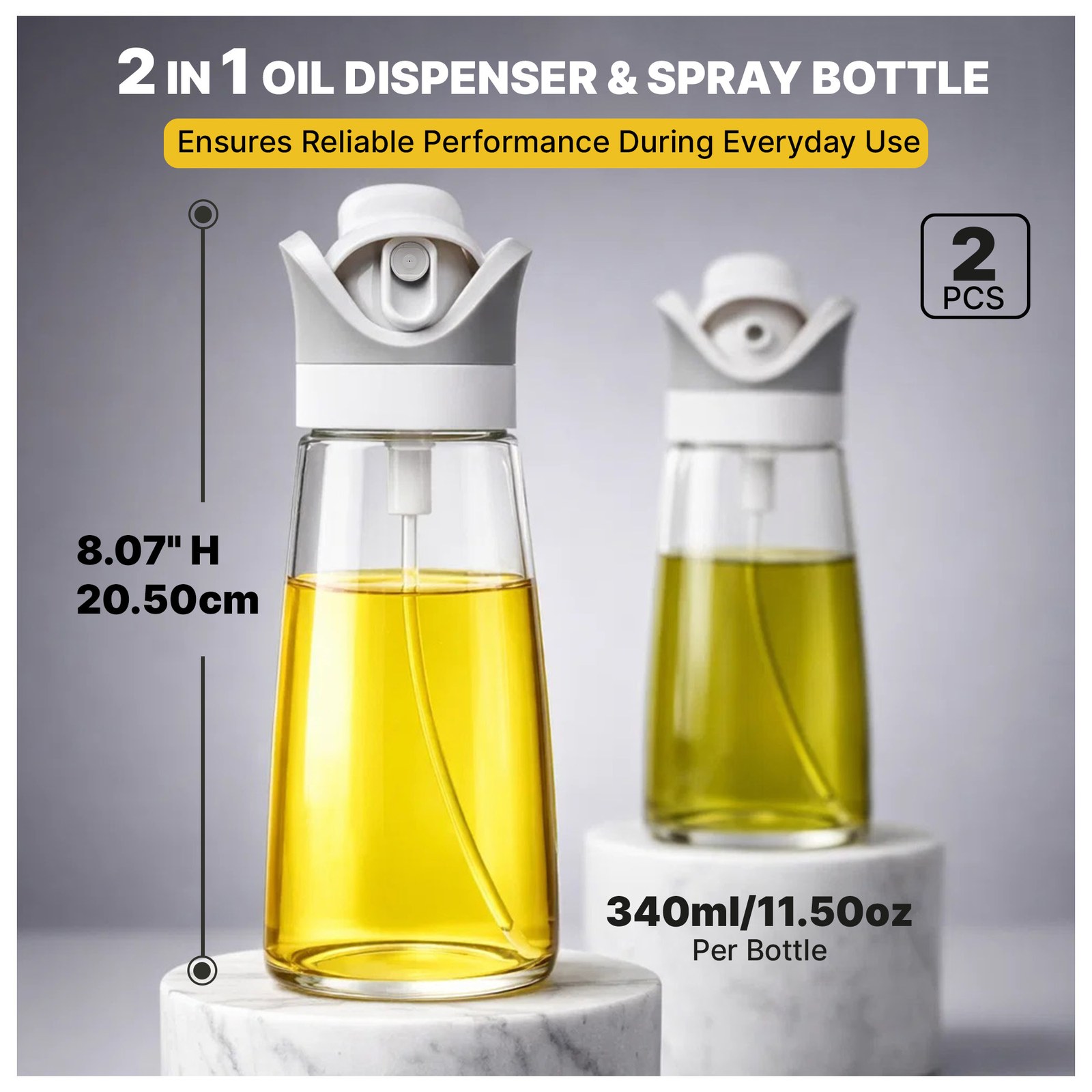 Two glass oil bottles on white marble pedestals with height and capacity callouts on a grey background