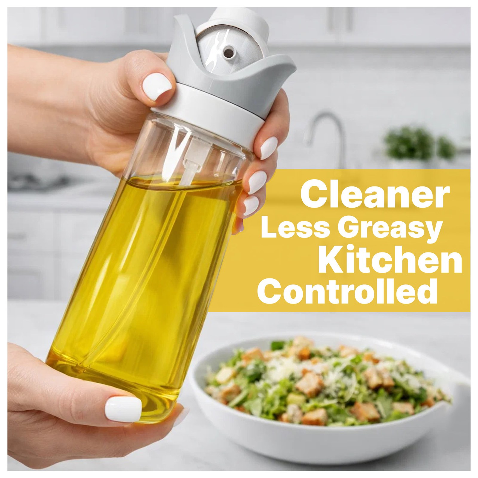 Hand holding the glass oil bottle over a bowl of salad with a yellow headline panel