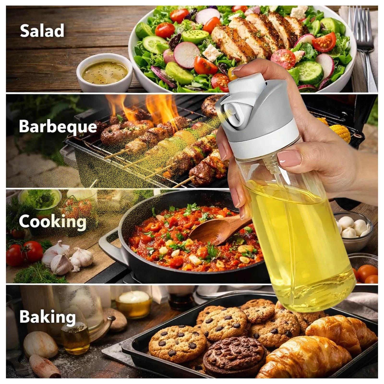 Four stacked photos of salad, barbecue, a skillet and baked cookies with the oil sprayer in hand
