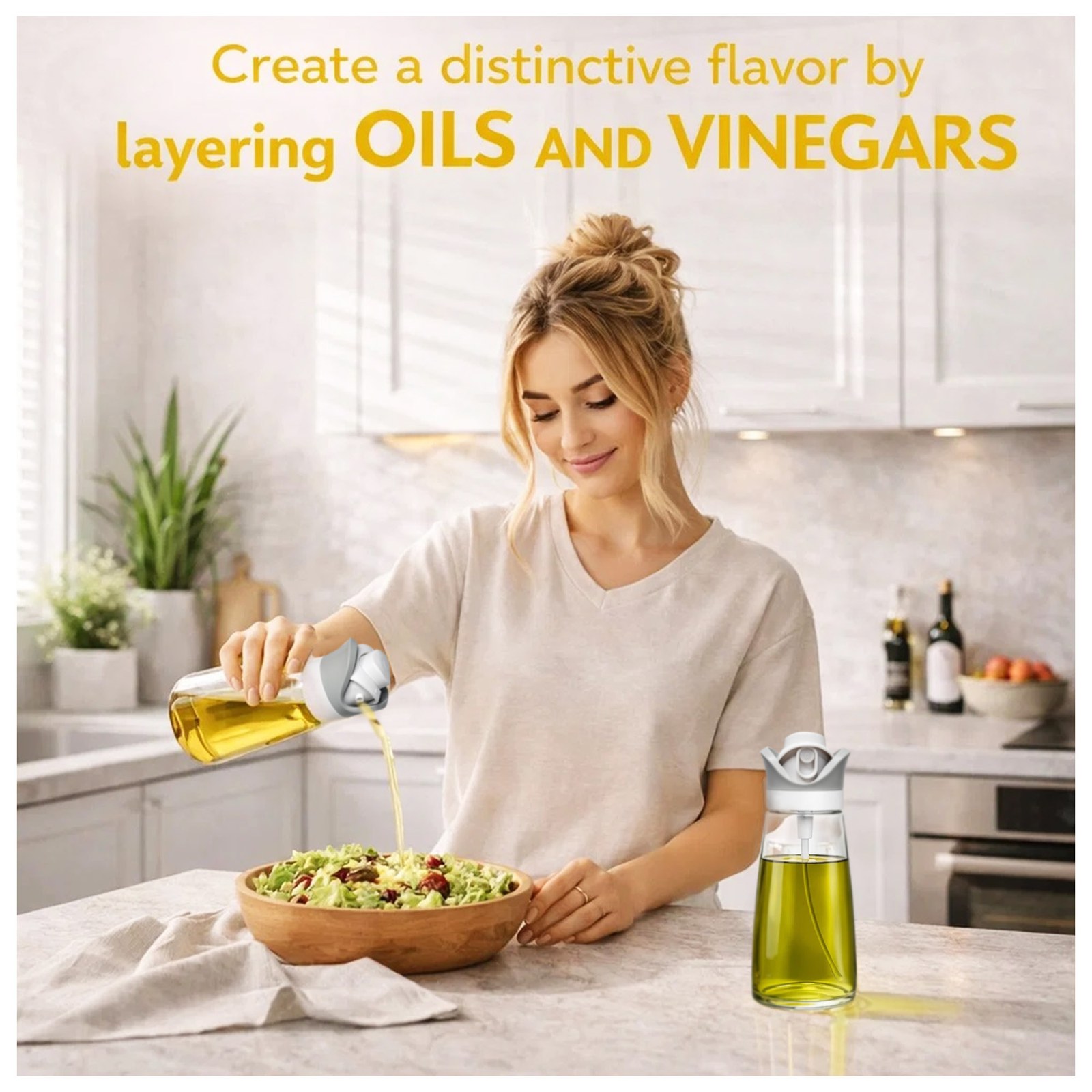 Smiling woman pouring oil over a salad bowl in a bright kitchen with a bottle on the counter