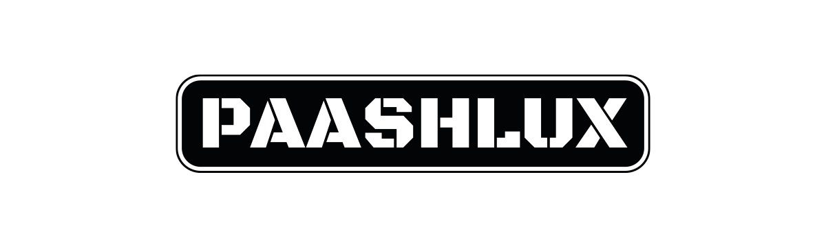 PAASHLUX wordmark in white on a black plate