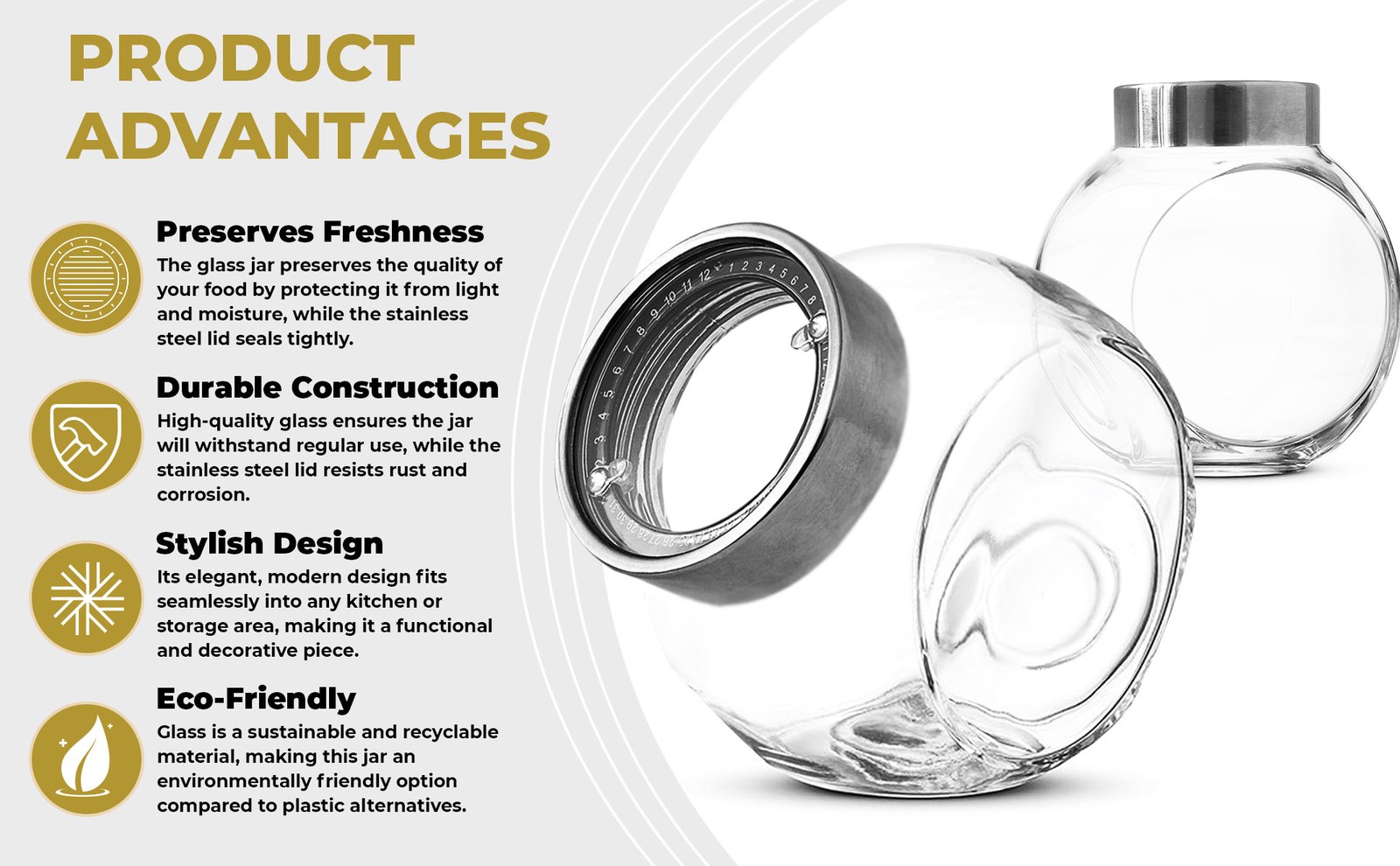 Product Advantages list of four points next to two tilted glass jars on white