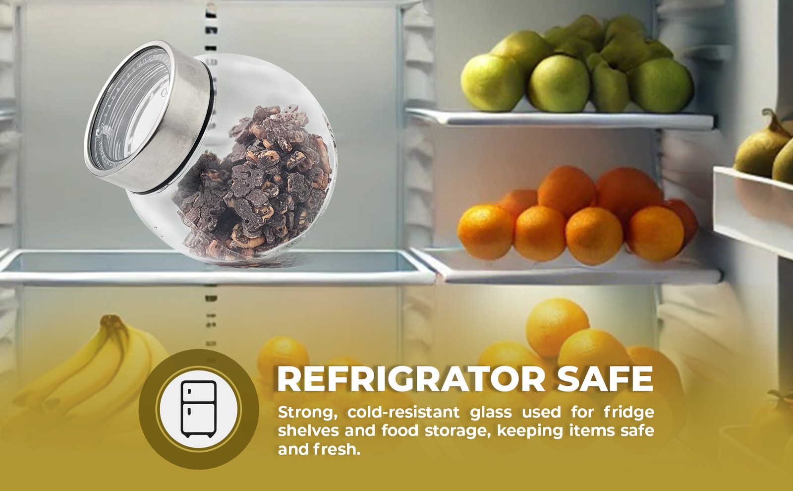 Glass jar of dried snacks on a refrigerator shelf next to oranges and apples