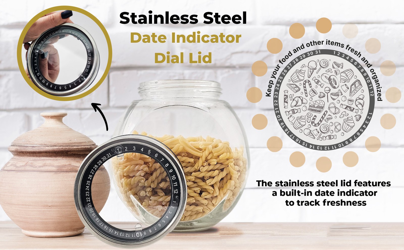 Stainless steel dial lid with numbers beside a jar of pasta and a terracotta pot