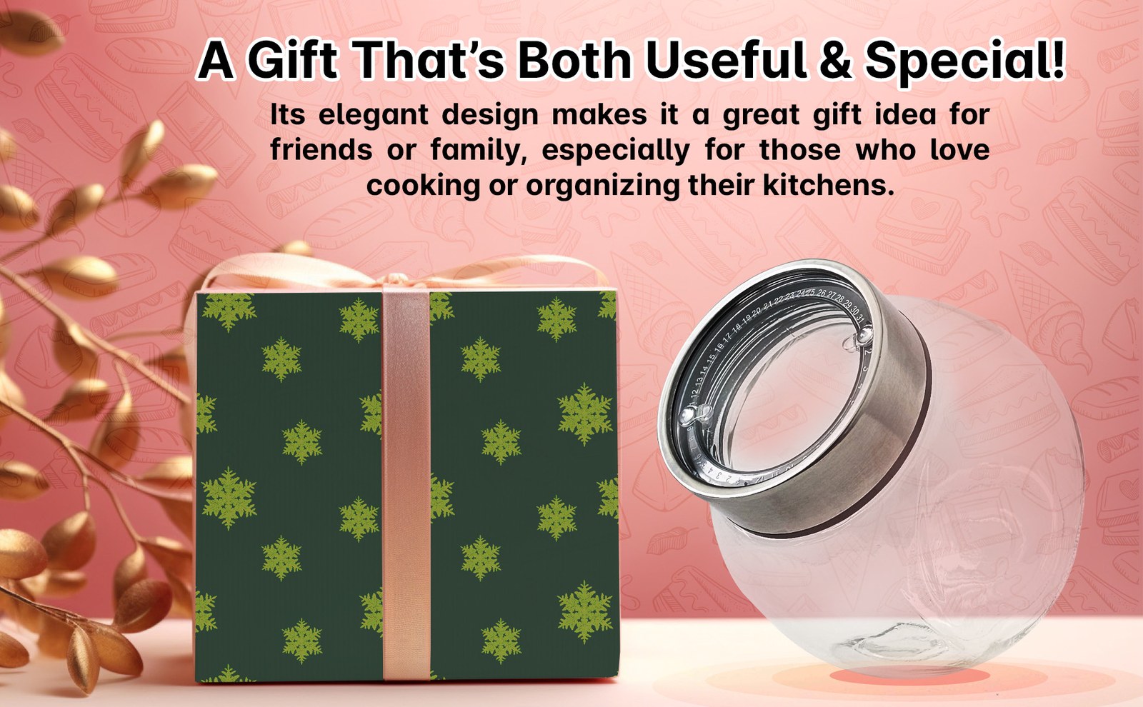 Glass tilted jar beside a green patterned gift box on a pink background