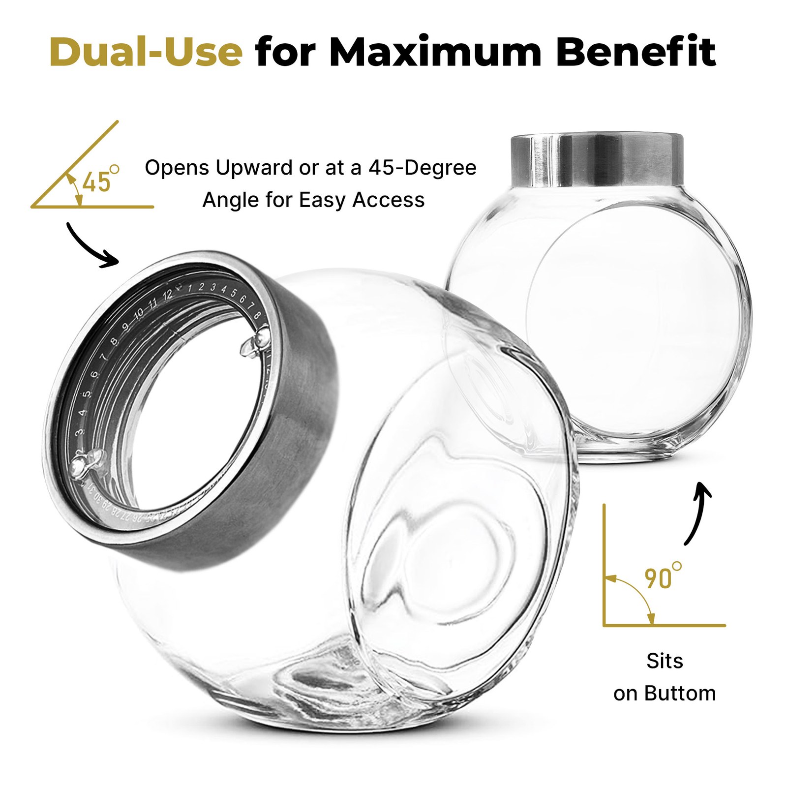 Two glass jars on white, one lying at a 45 degree angle, with angle diagrams