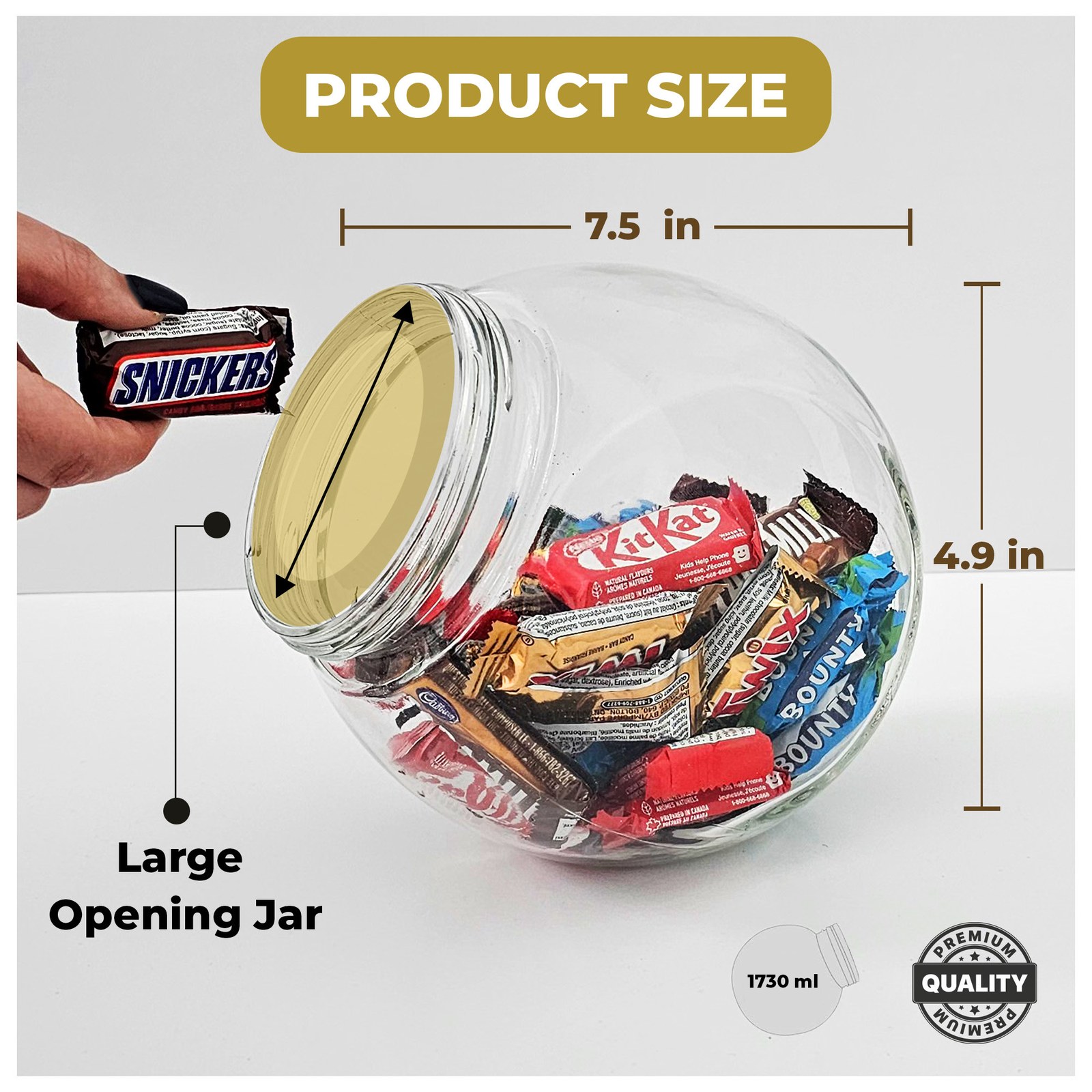 Glass jar full of chocolate bars with width and height measurements and a large opening callout
