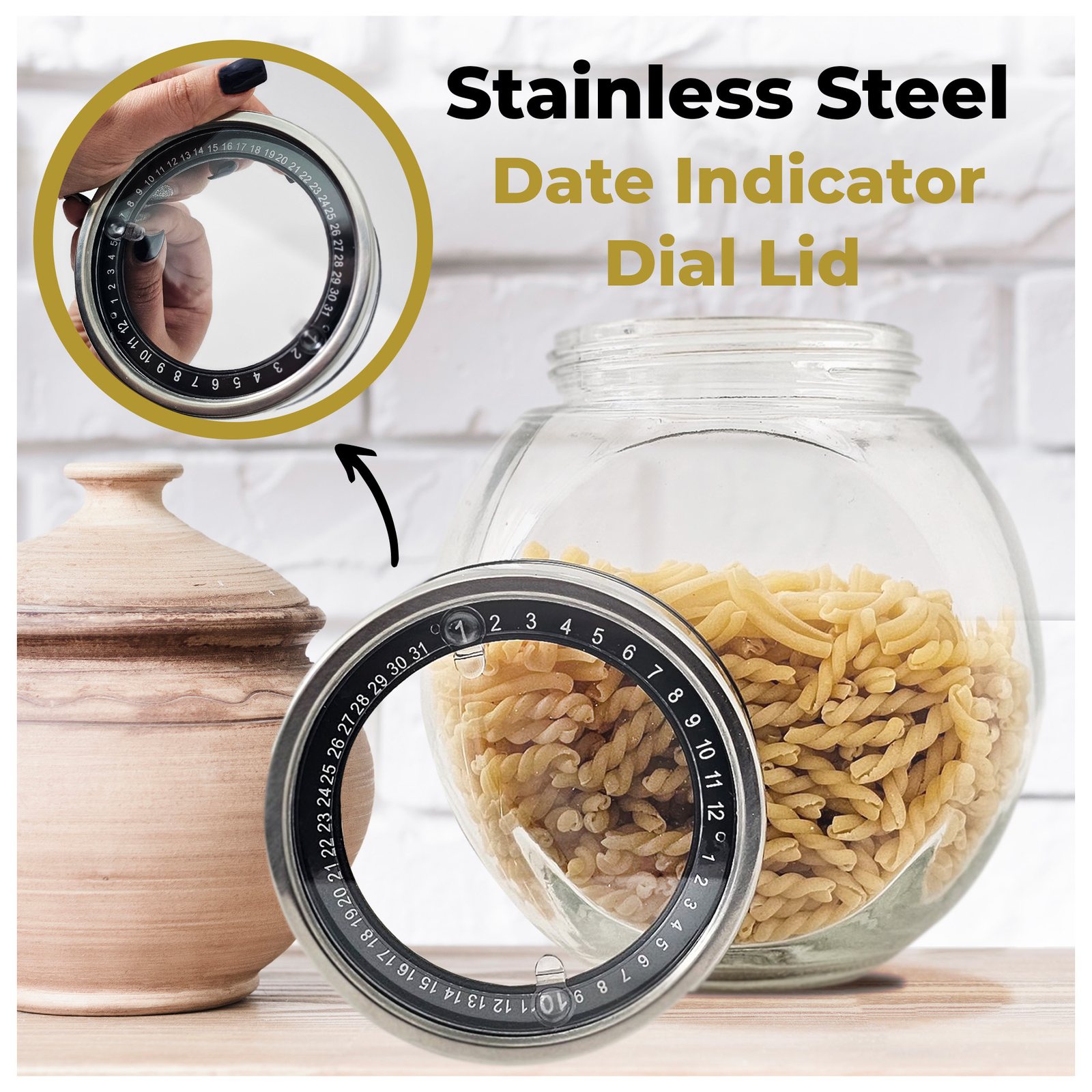 Close-up of a stainless steel dial lid with numbers 1 to 31 over a jar of pasta