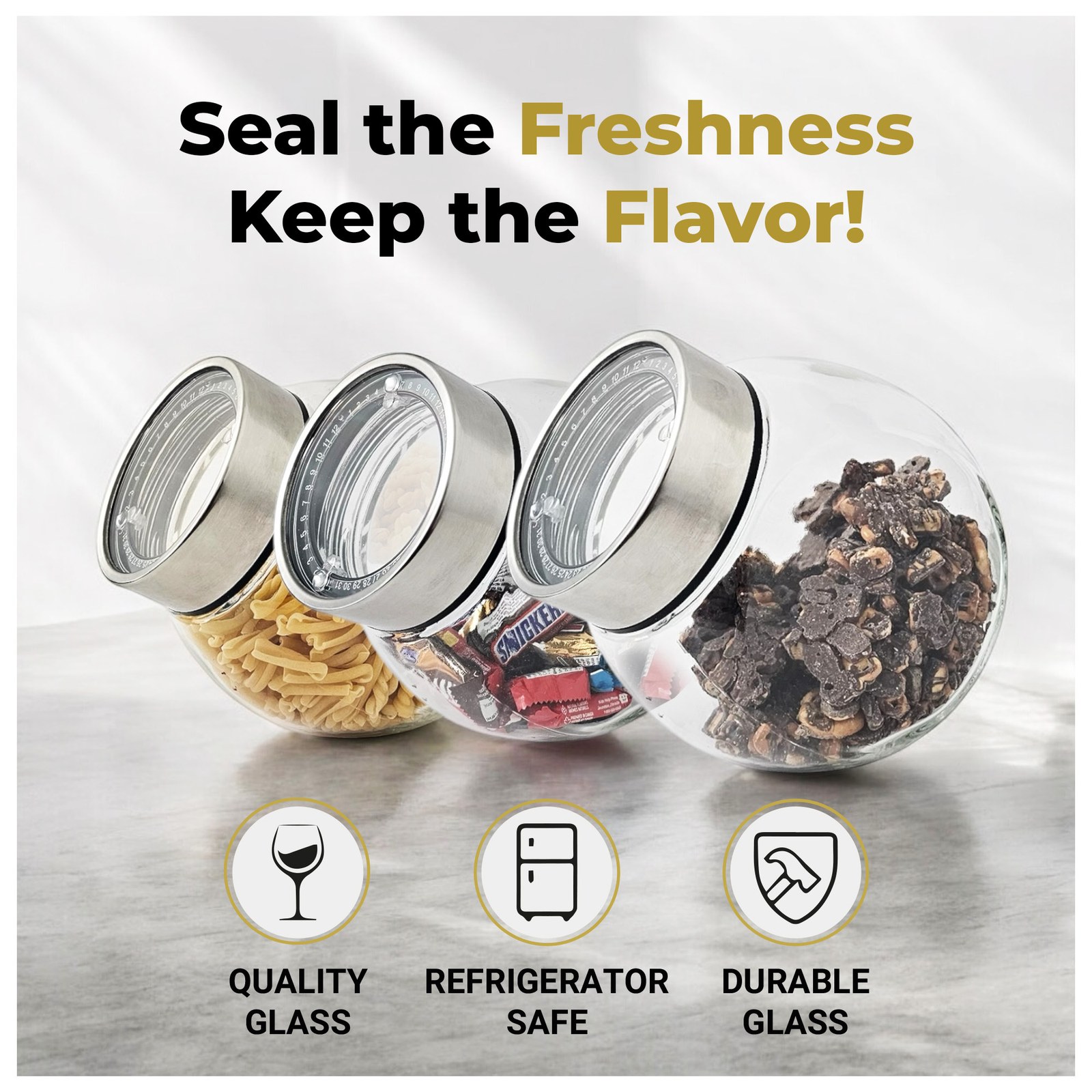 Three glass tilted jars with different foods and three icons for quality glass, refrigerator safe and durable glass