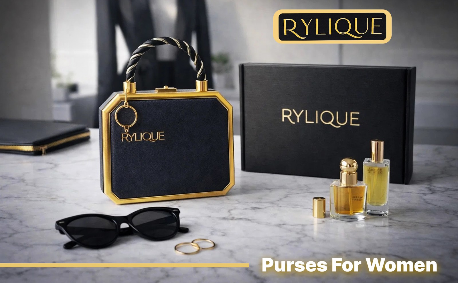 Black Rylique handbag beside a black gift box, perfume bottles and sunglasses on a marble surface, with the headline Purses For Women