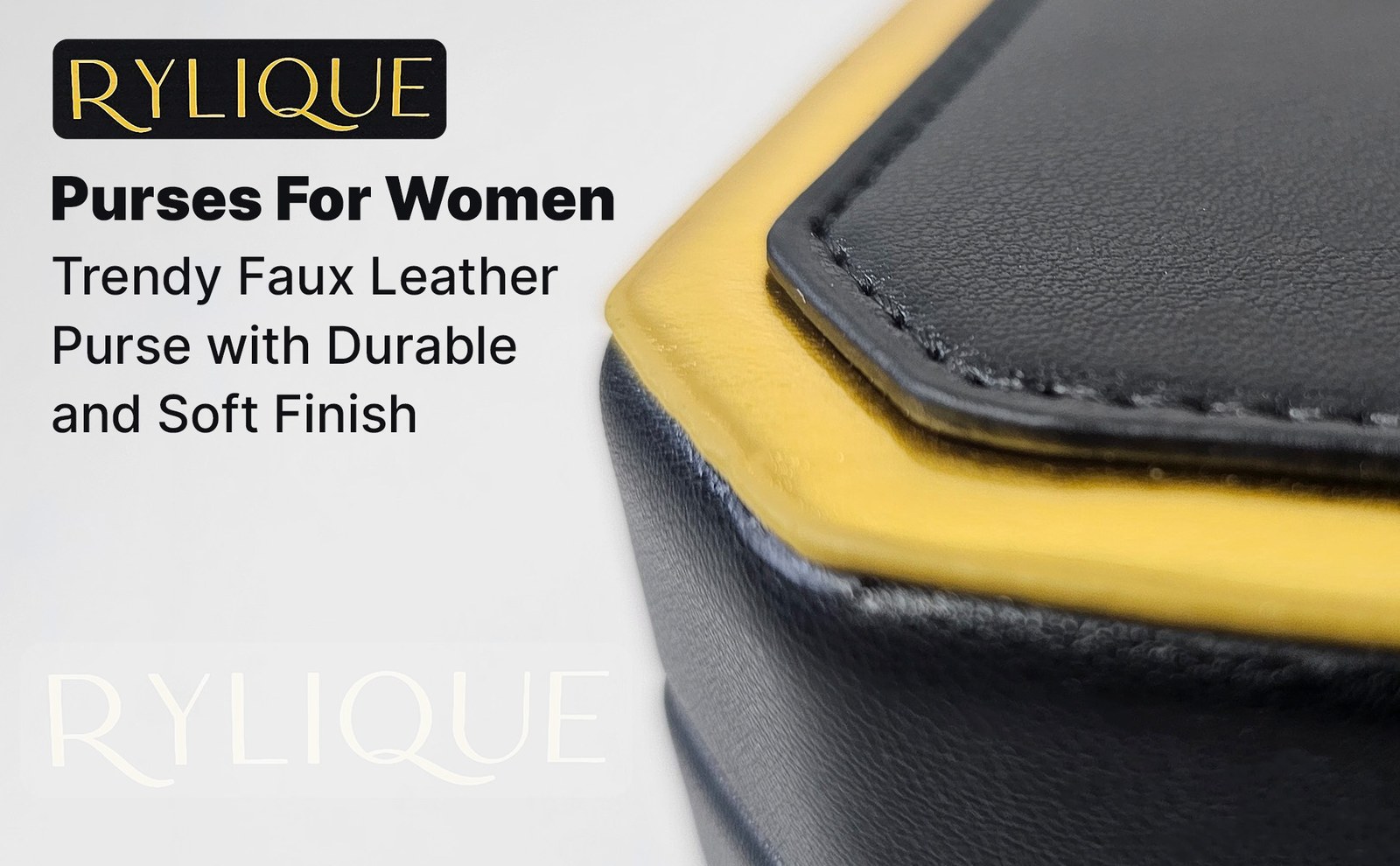 Close-up of the gold-trimmed corner of the black bag with the headline Purses For Women, Trendy Faux Leather Purse with Durable and Soft Finish