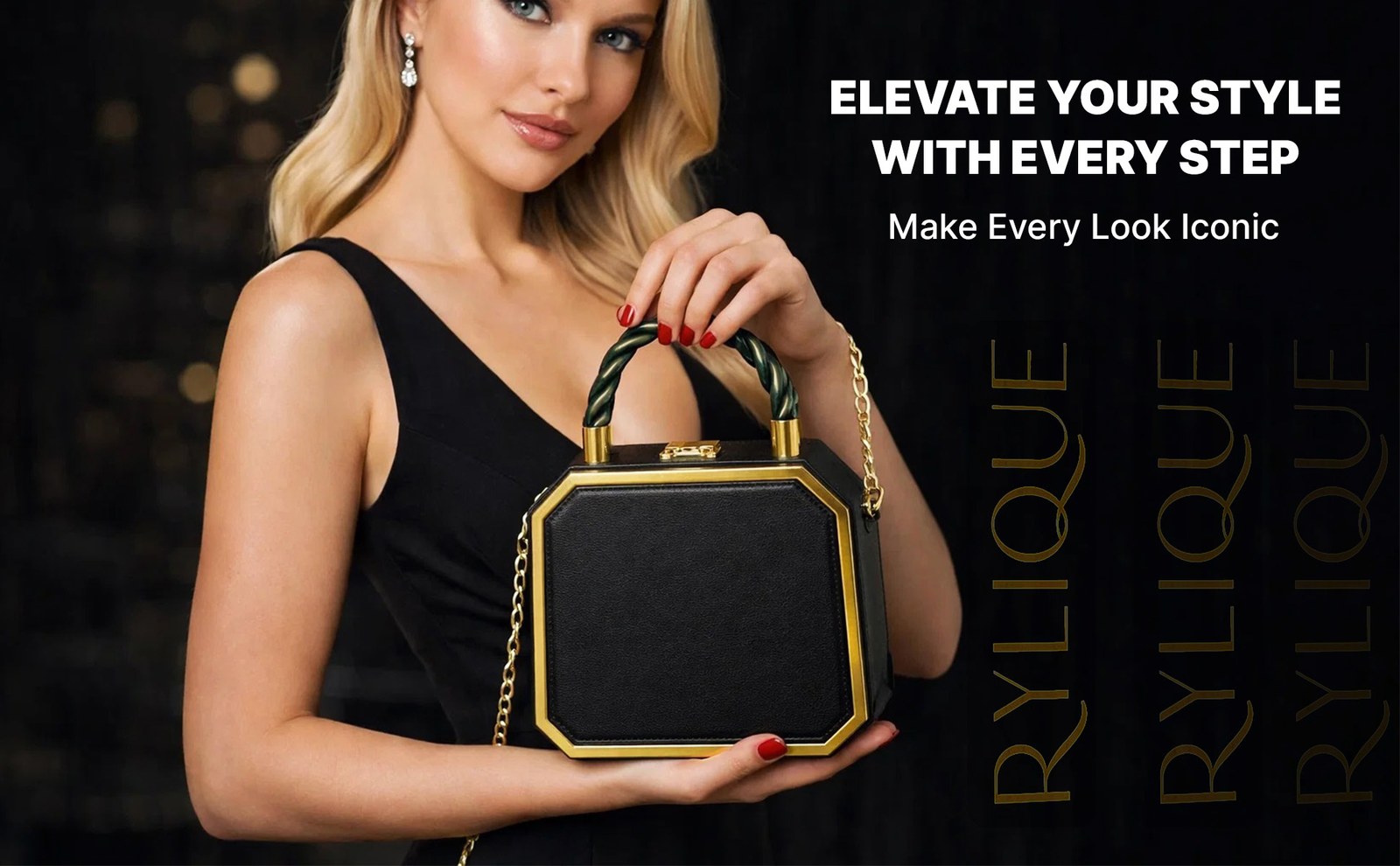 Blonde woman in a black dress holding the bag with the headline Elevate Your Style With Every Step