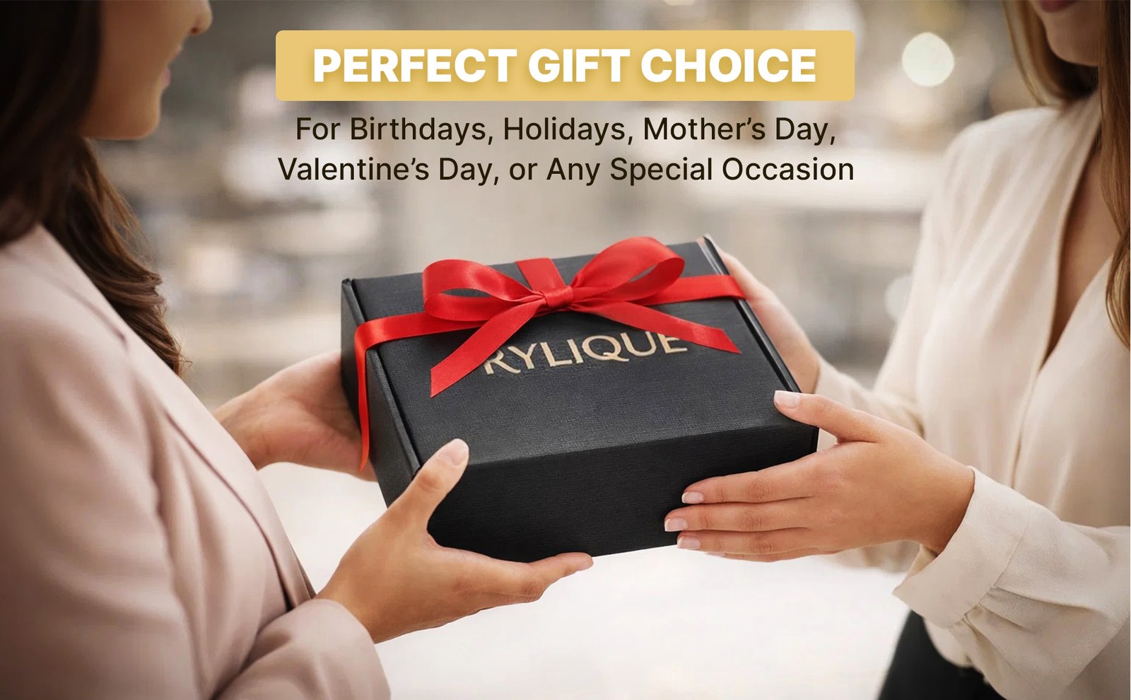 Two women passing the black gift box tied with a red ribbon, with the headline Perfect Gift Choice