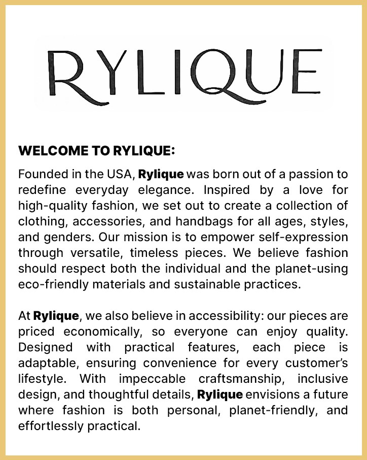 Welcome card with the Rylique wordmark and the brand introduction and mission
