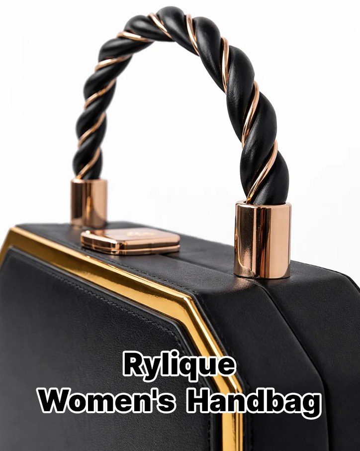 Close-up of the twisted black and gold top handle with the label Rylique Women’s Handbag