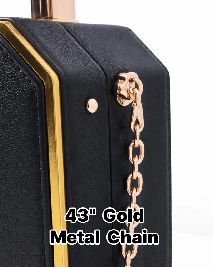 Close-up of the gold chain on the bag with the label 43 inch Gold Metal Chain