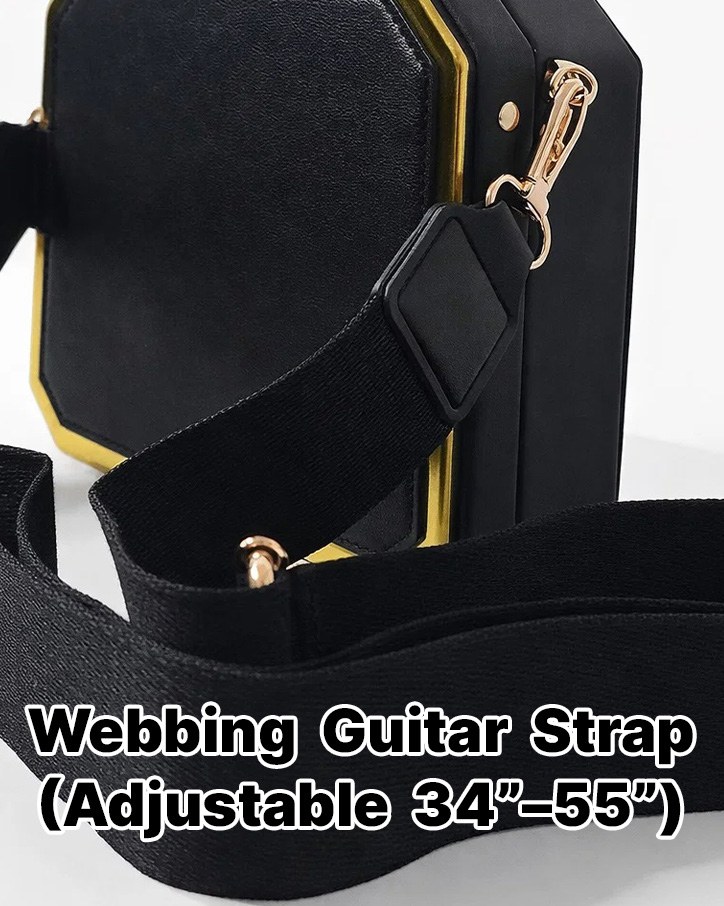 Black webbing strap with gold hardware and the label Webbing Guitar Strap, Adjustable