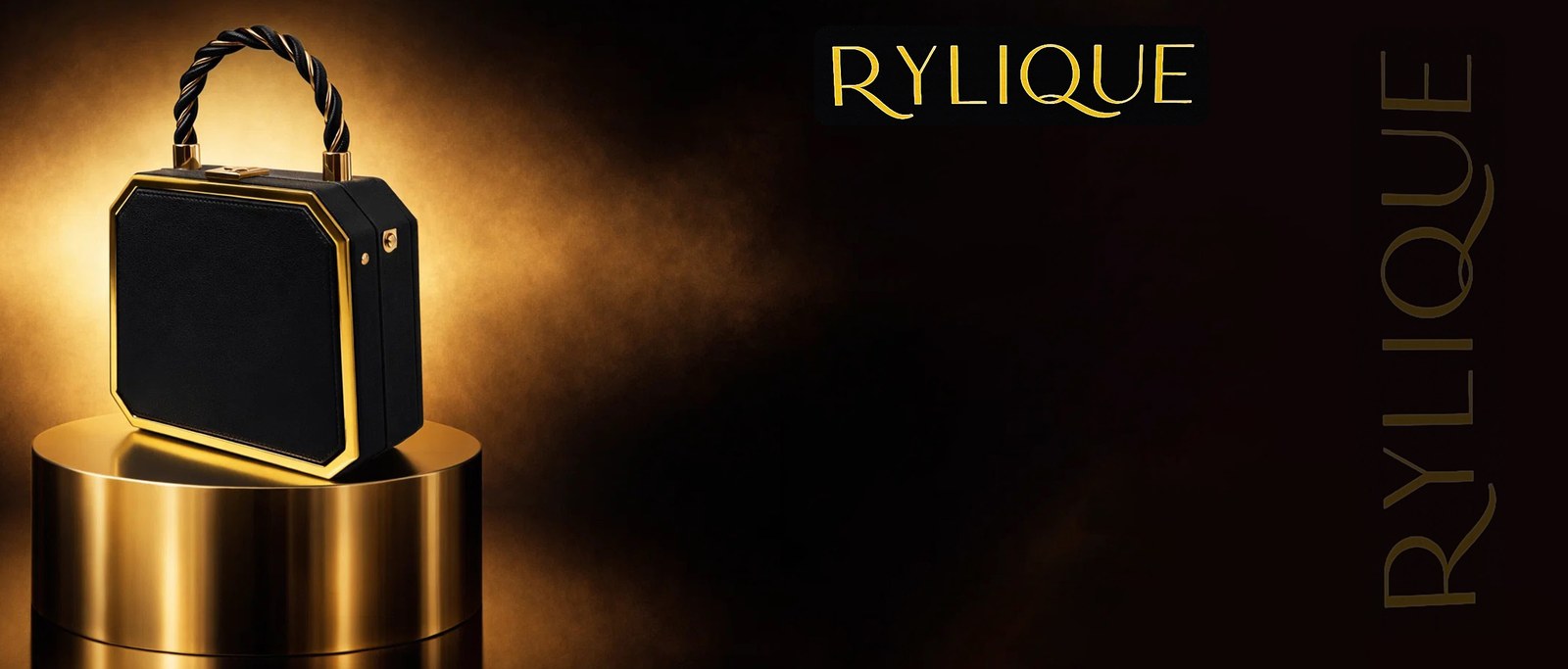 Rylique brand banner with the black handbag on a gold pedestal and the gold wordmark on a dark background