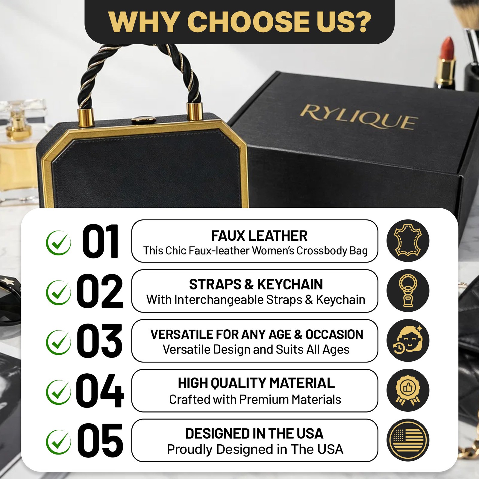 Why choose us list with five points: faux leather, straps and keychain, versatile for any age and occasion, high quality material, designed in the USA