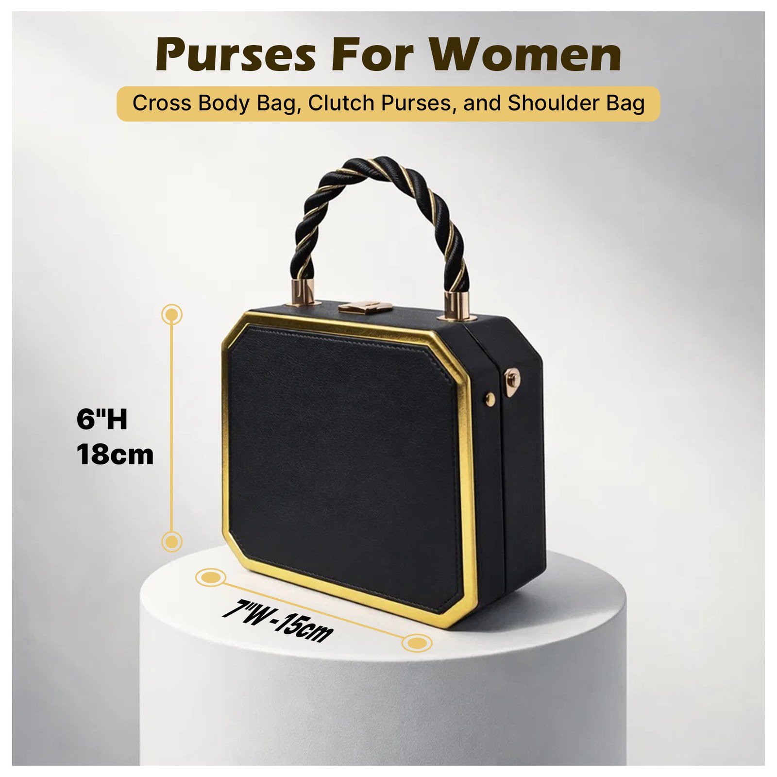 Black Rylique handbag on a white pedestal with height and width callouts and the headline Purses For Women