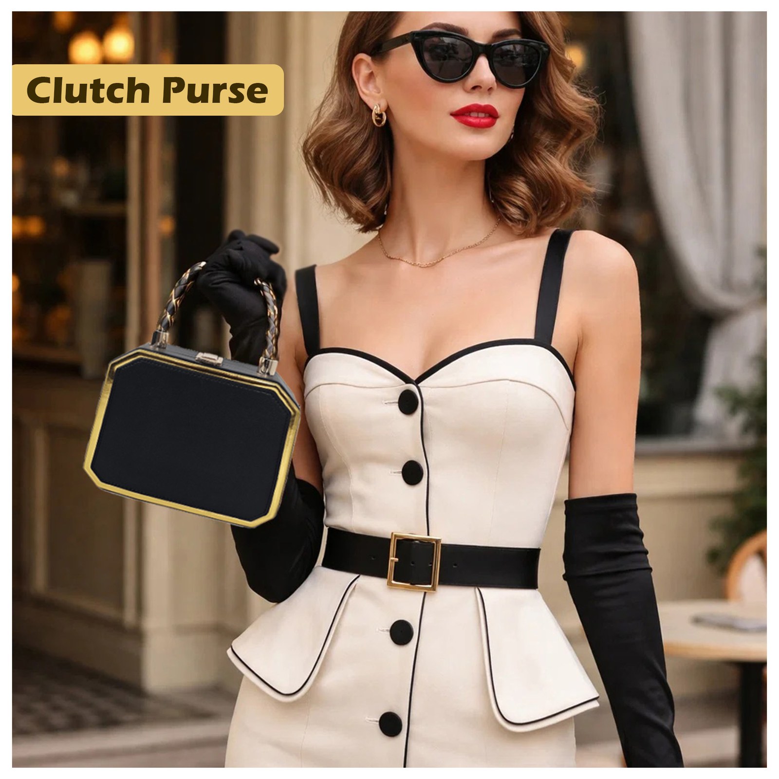Woman in sunglasses and an ivory dress holding the black handbag by its top handle, labeled Clutch Purse