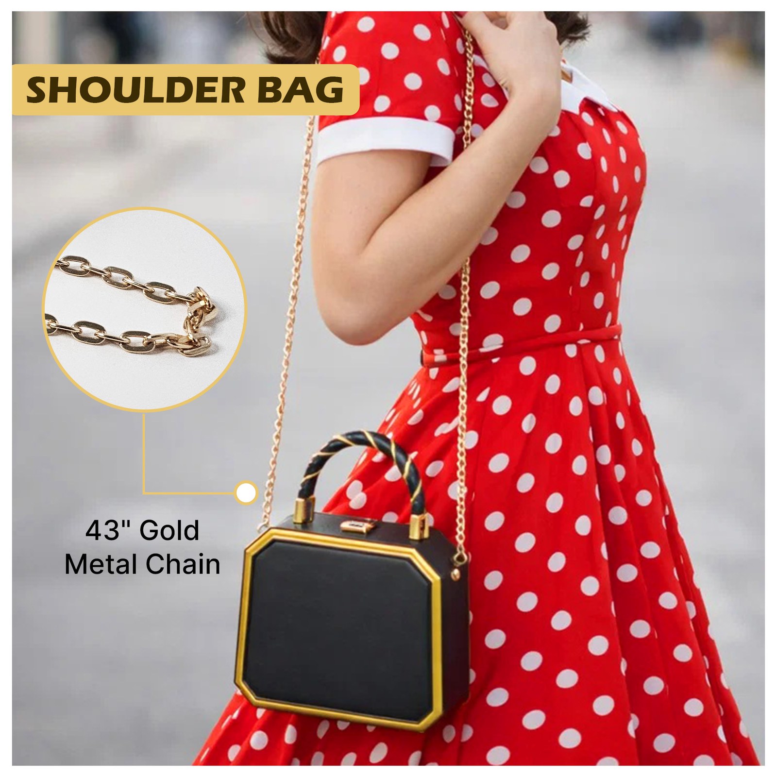 Woman in a red polka-dot dress wearing the bag on a 43 inch gold metal chain, labeled Shoulder Bag