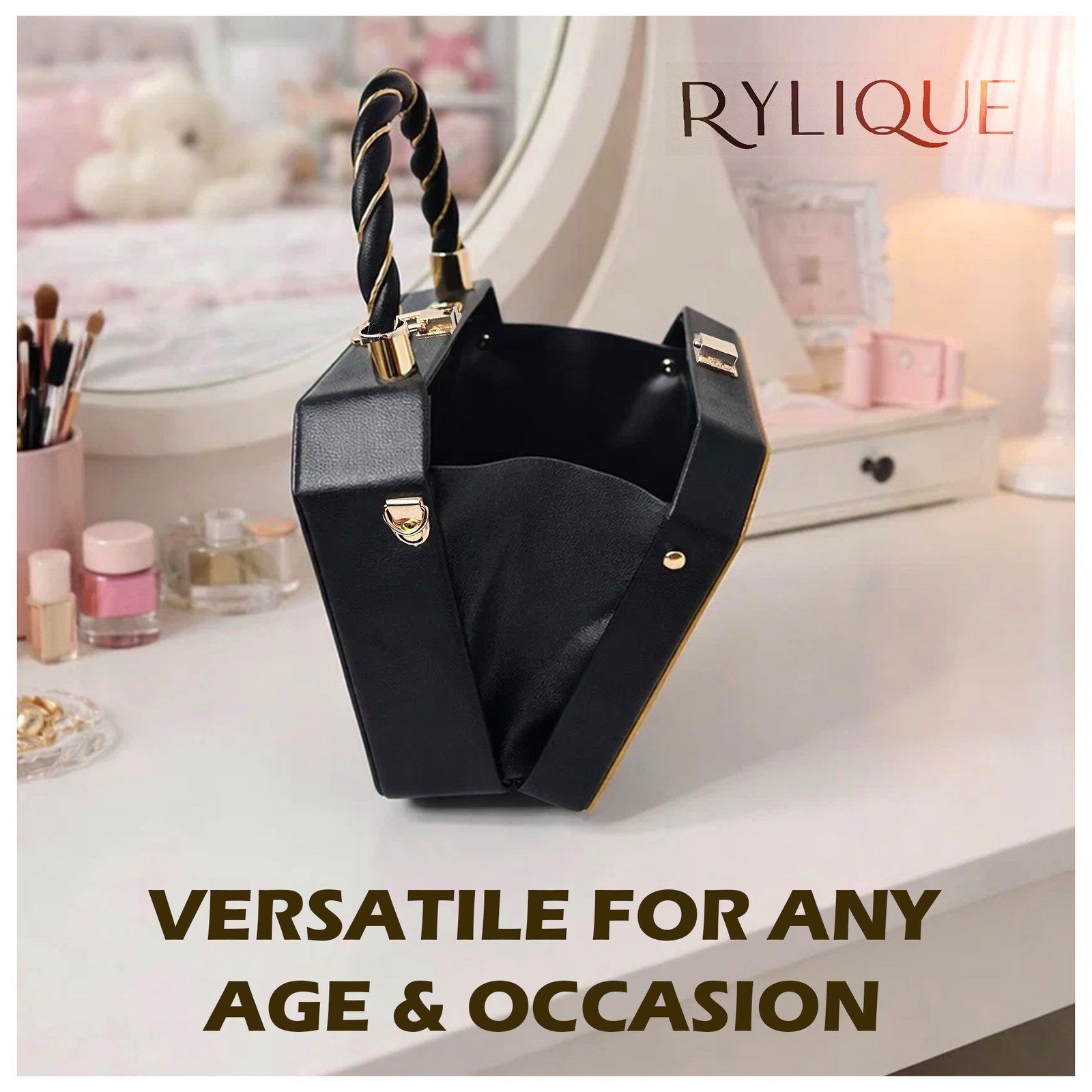 Open black handbag on a vanity table with the headline Versatile for Any Age and Occasion