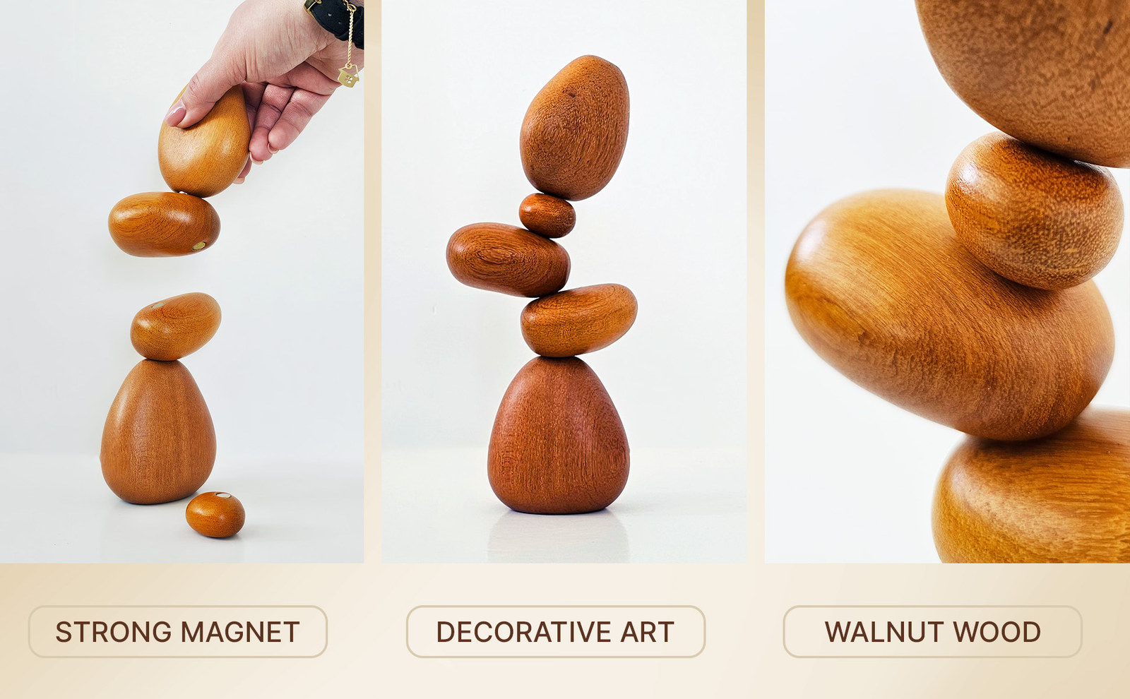 Three-panel module showing stones being stacked, the finished cairn, and a wood close-up, labeled Strong Magnet, Decorative Art, Walnut Wood
