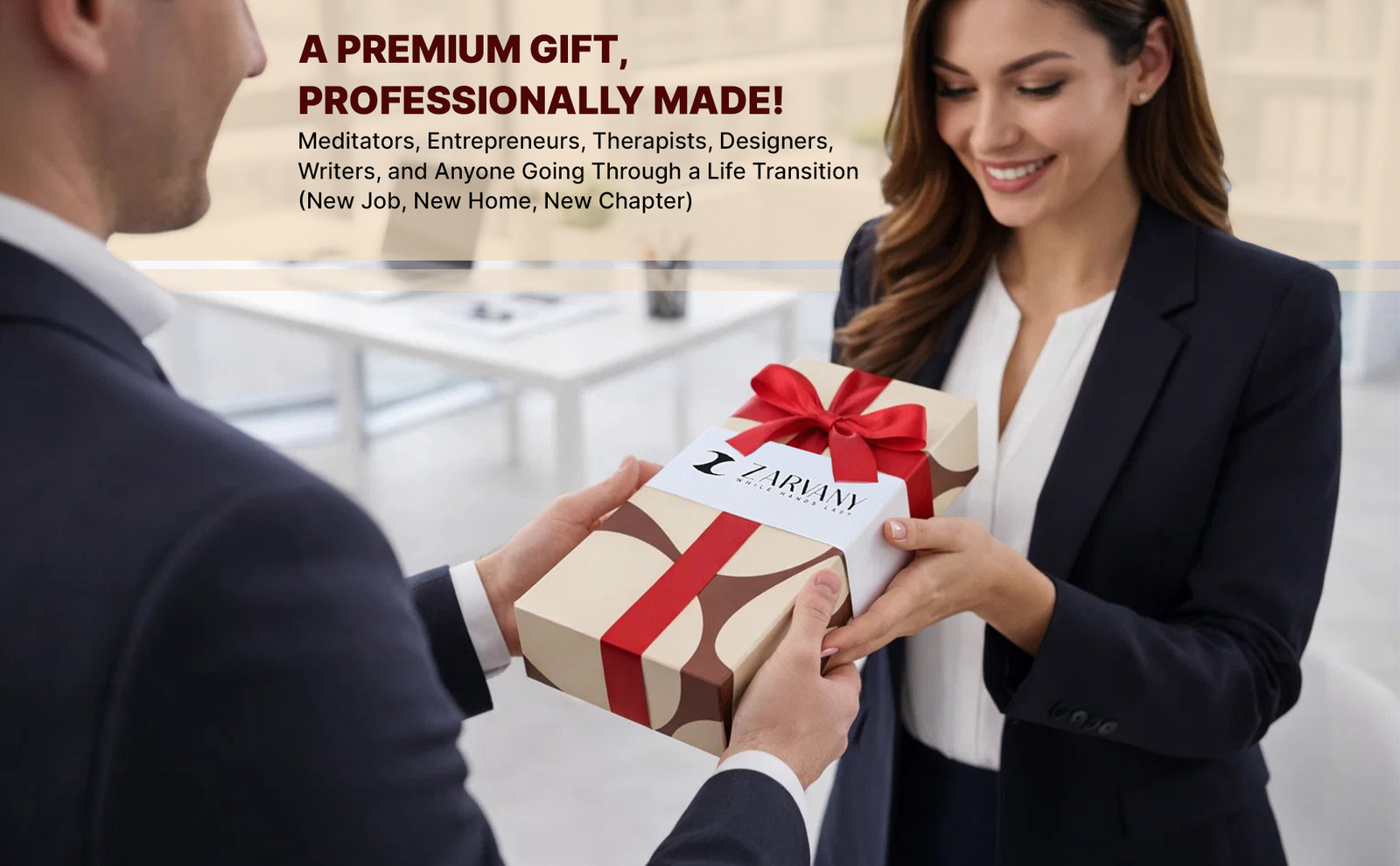 Man handing a woman a gift box with a red ribbon
