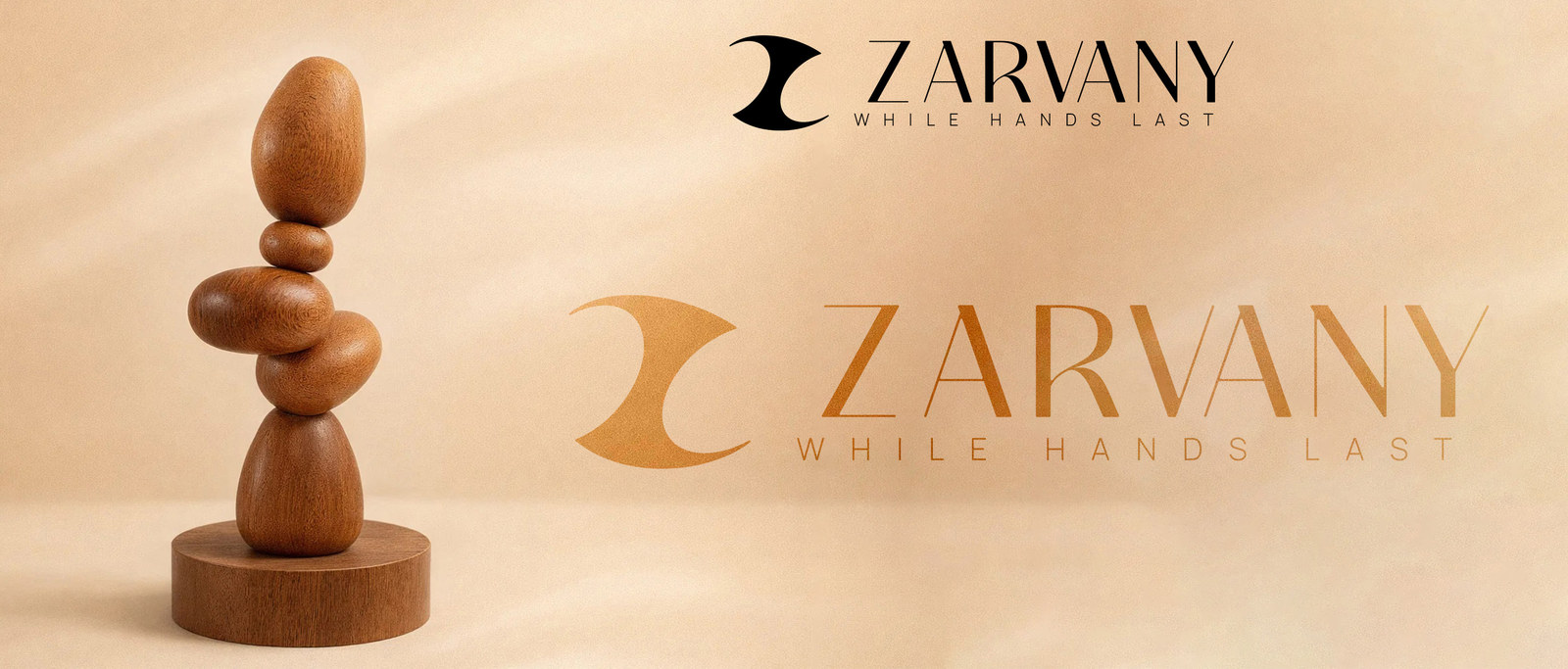 ZARVANY brand banner with the stacked stones on a warm peach background and the logo