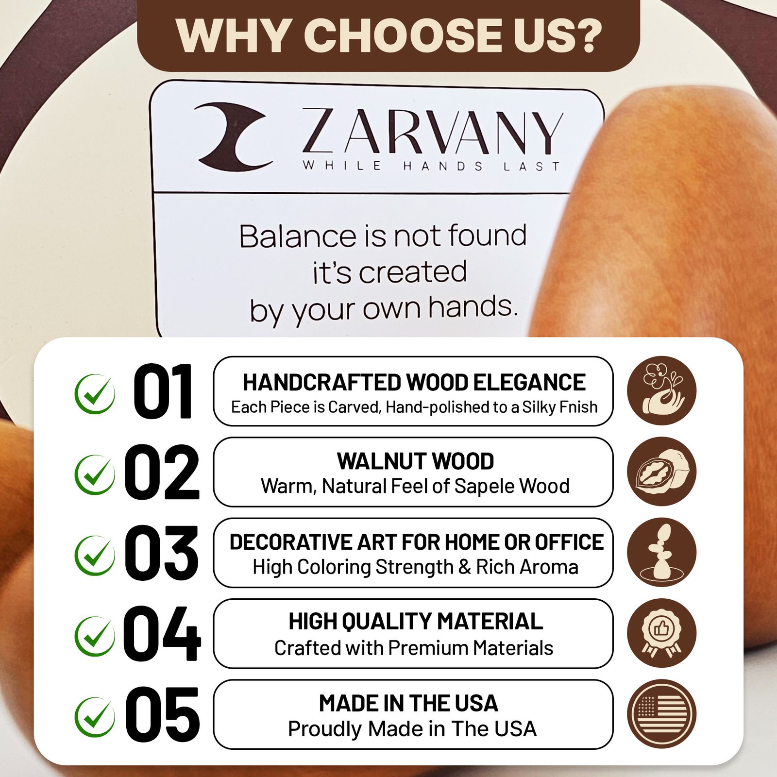 Why choose us graphic with the ZARVANY label and five numbered feature rows