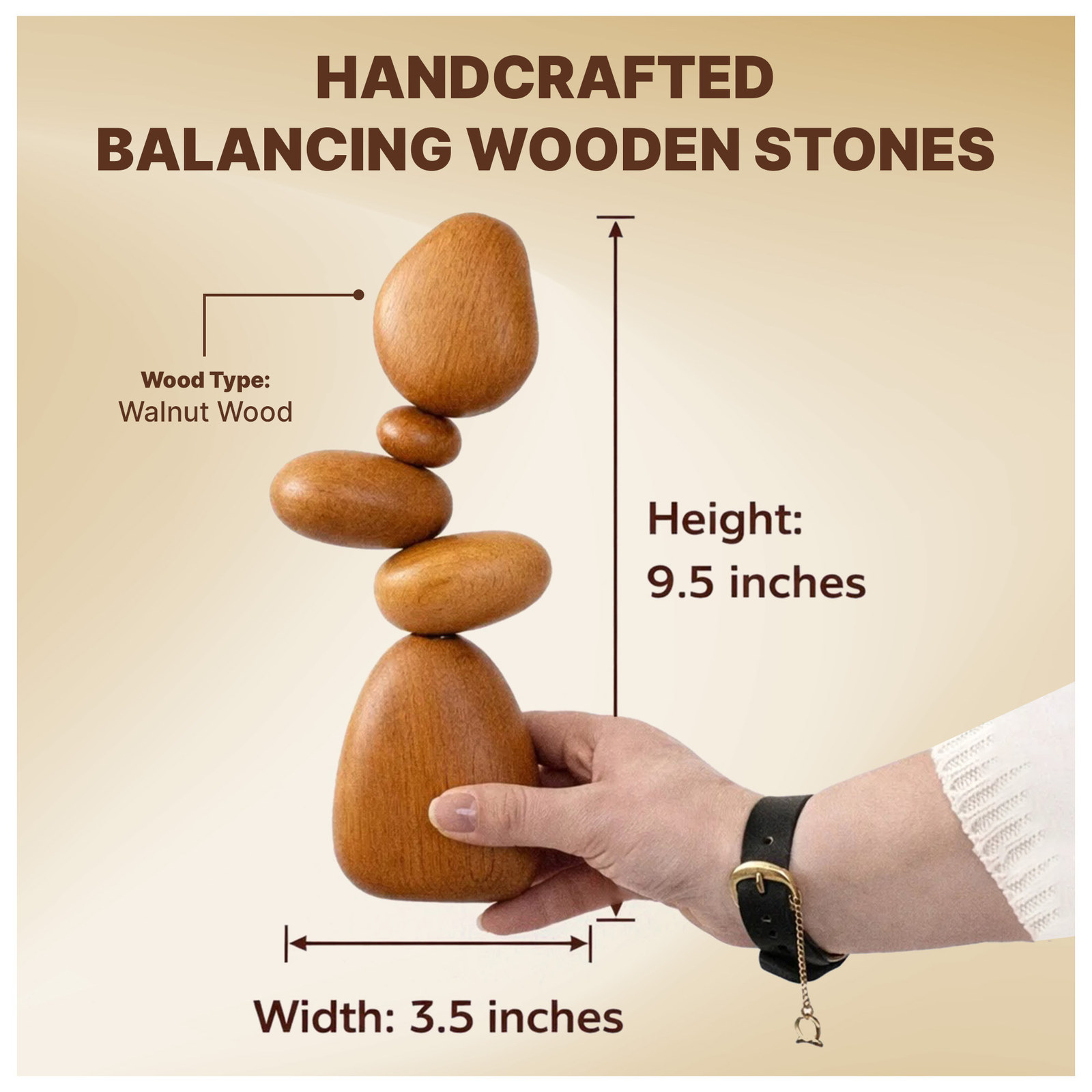 Dimension graphic of a hand holding the stacked stones with 9.5 inch height and 3.5 inch width