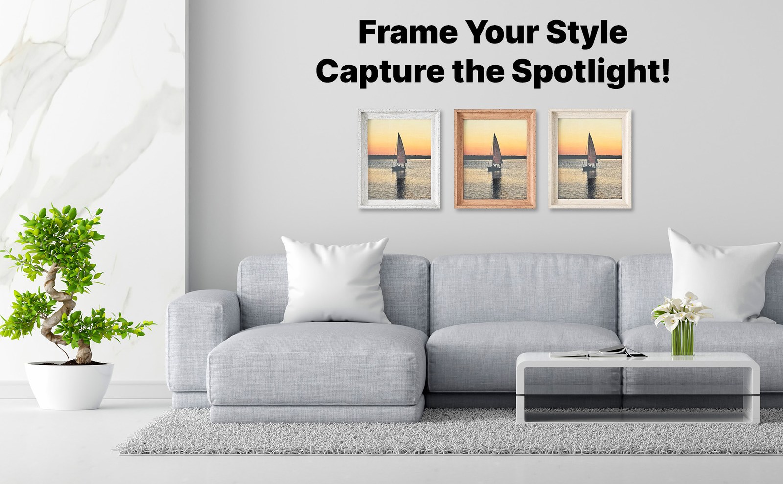 Three Zibrro frames in white vintage, brown and cream hung above a gray sofa in a bright living room, with the headline Frame Your Style, Capture the Spotlight