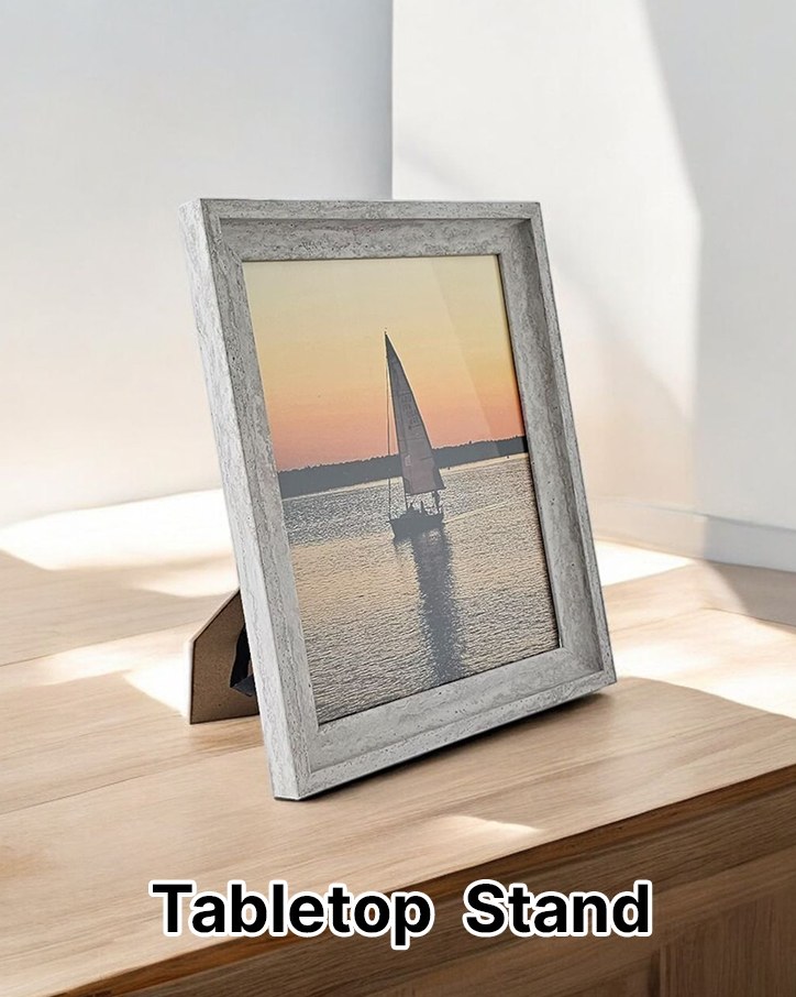 Gray frame standing on a wooden tabletop, labeled Tabletop Stand