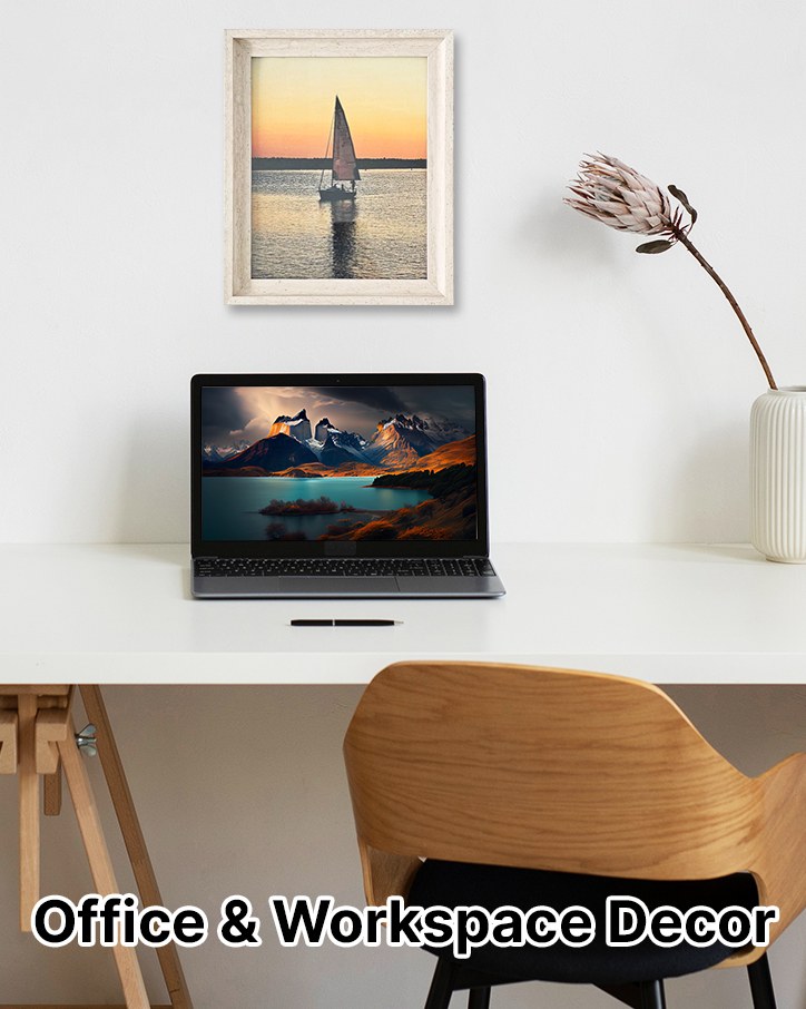 Frame hung above a laptop on a desk, labeled Office and Workspace Decor