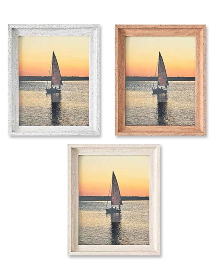 Three Zibrro frames in white vintage, brown and cream on a white background