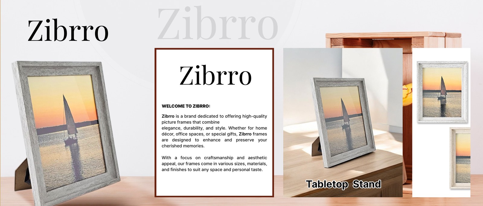 Zibrro brand banner with a gray framed sailboat print, the Zibrro wordmark, and a wooden crate of tulips on a bright tabletop