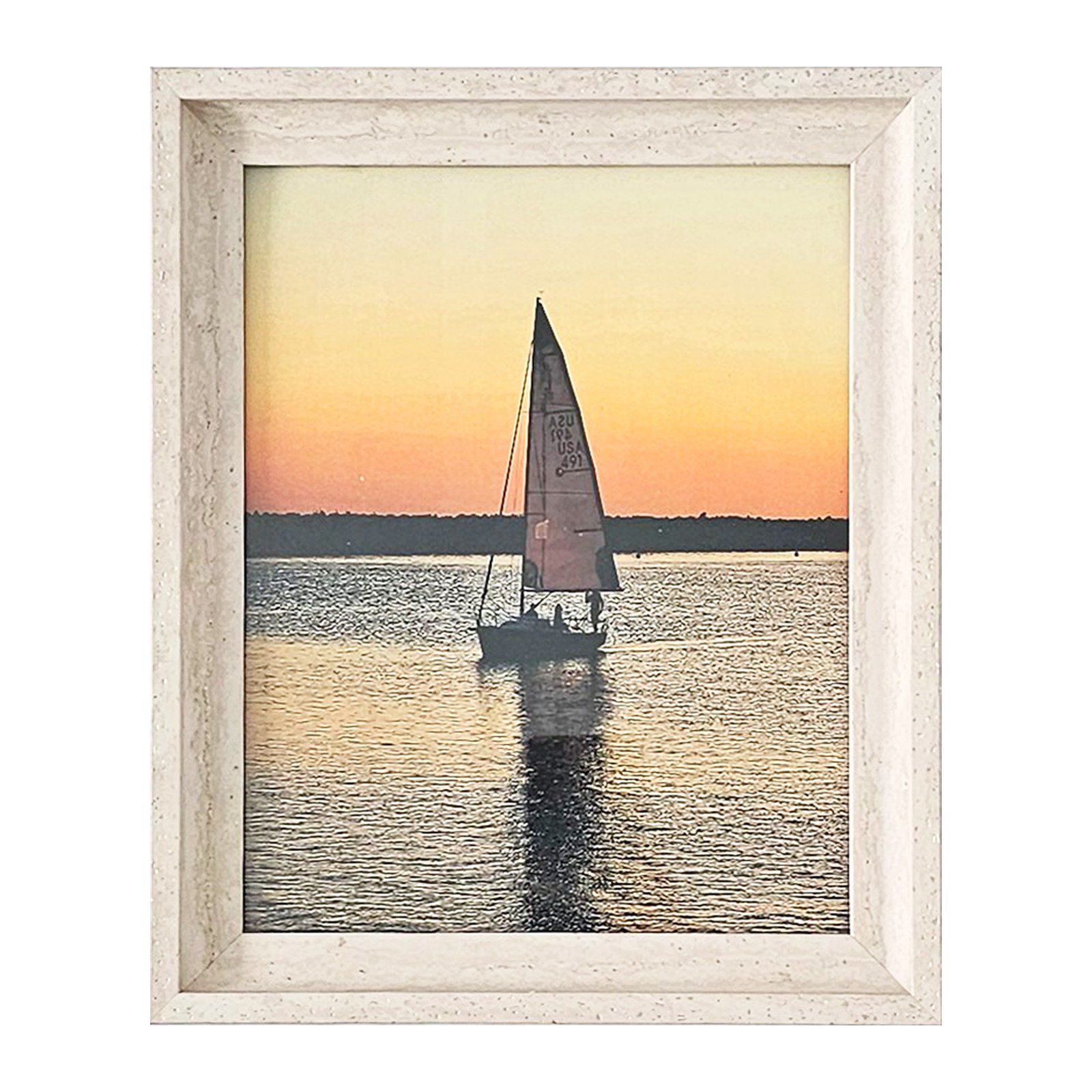 Zibrro vintage white picture frame on a white background holding a sailboat sunset photo