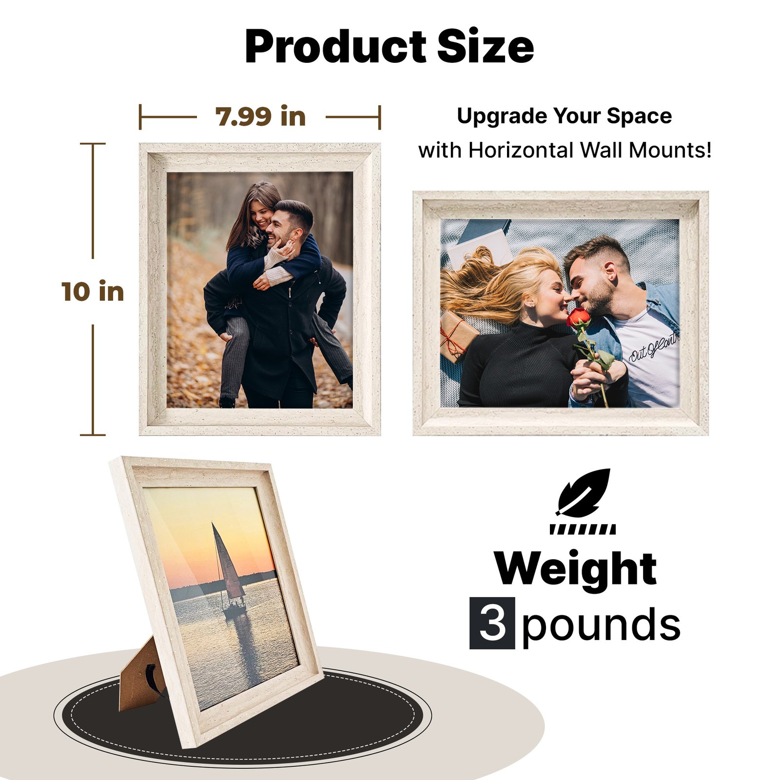Product size graphic showing a vertical frame 7.99 inches wide and 10 inches tall, a horizontal frame, and the frame standing on a tabletop
