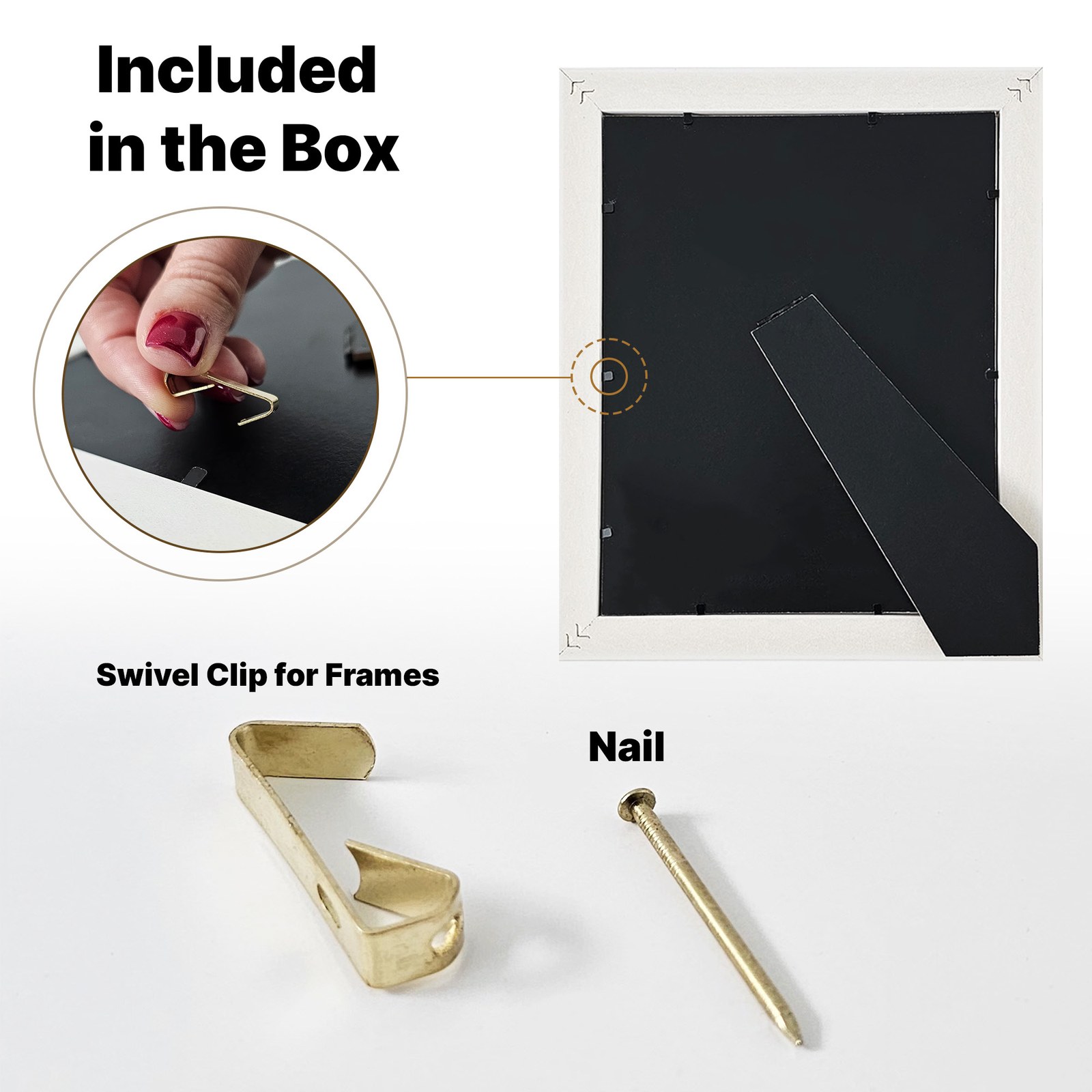 Back of the frame showing the easel stand, plus a swivel clip and a nail, with the headline Included in the Box