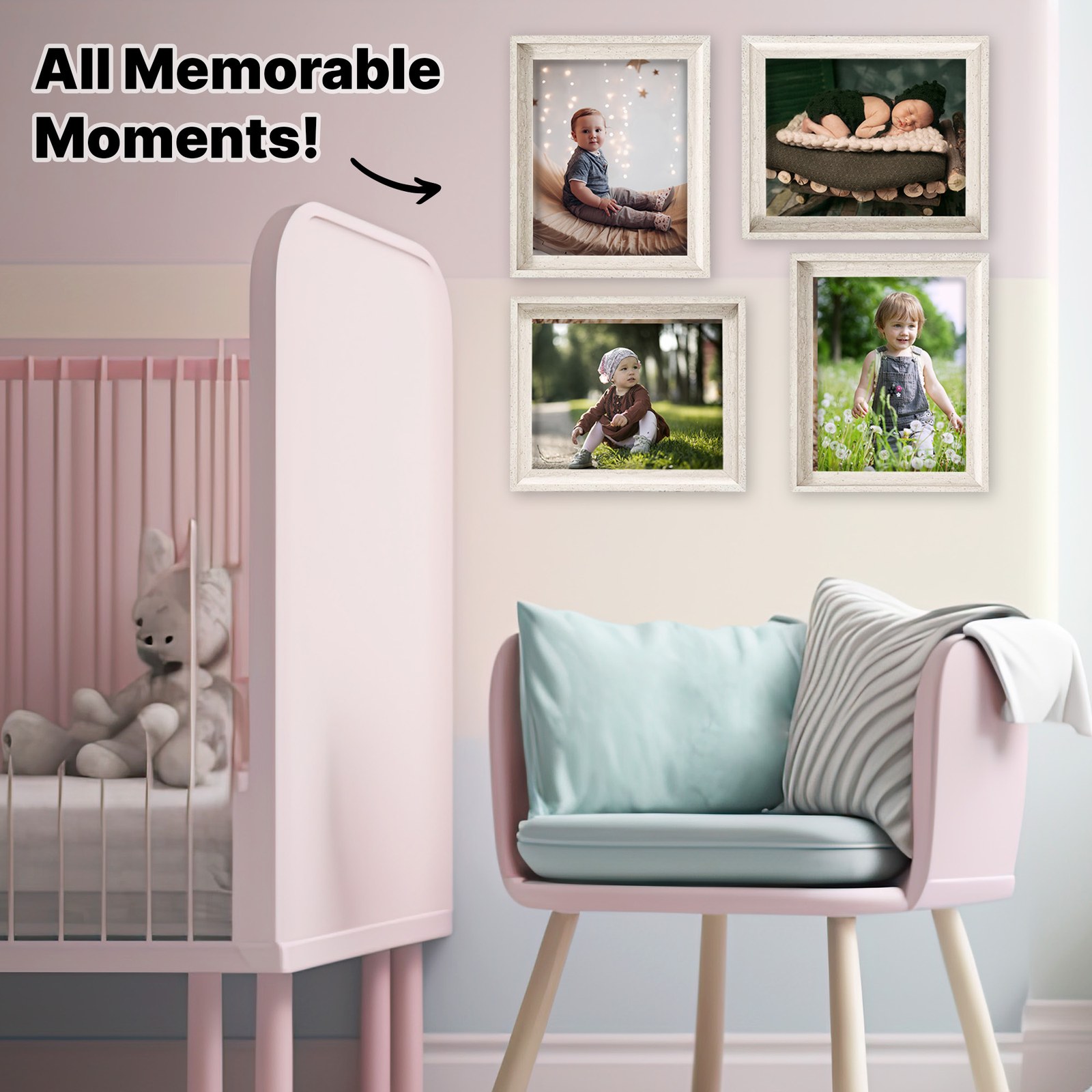Nursery wall with four Zibrro frames of baby photos above a pink chair, with the headline All Memorable Moments